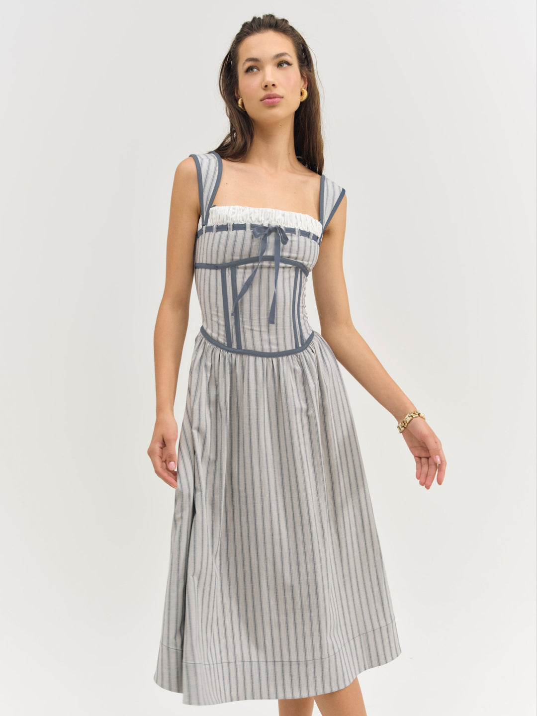 Linen Stripe Midi Dress Blue