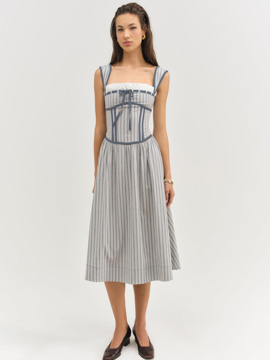 Linen Stripe Midi Dress Blue
