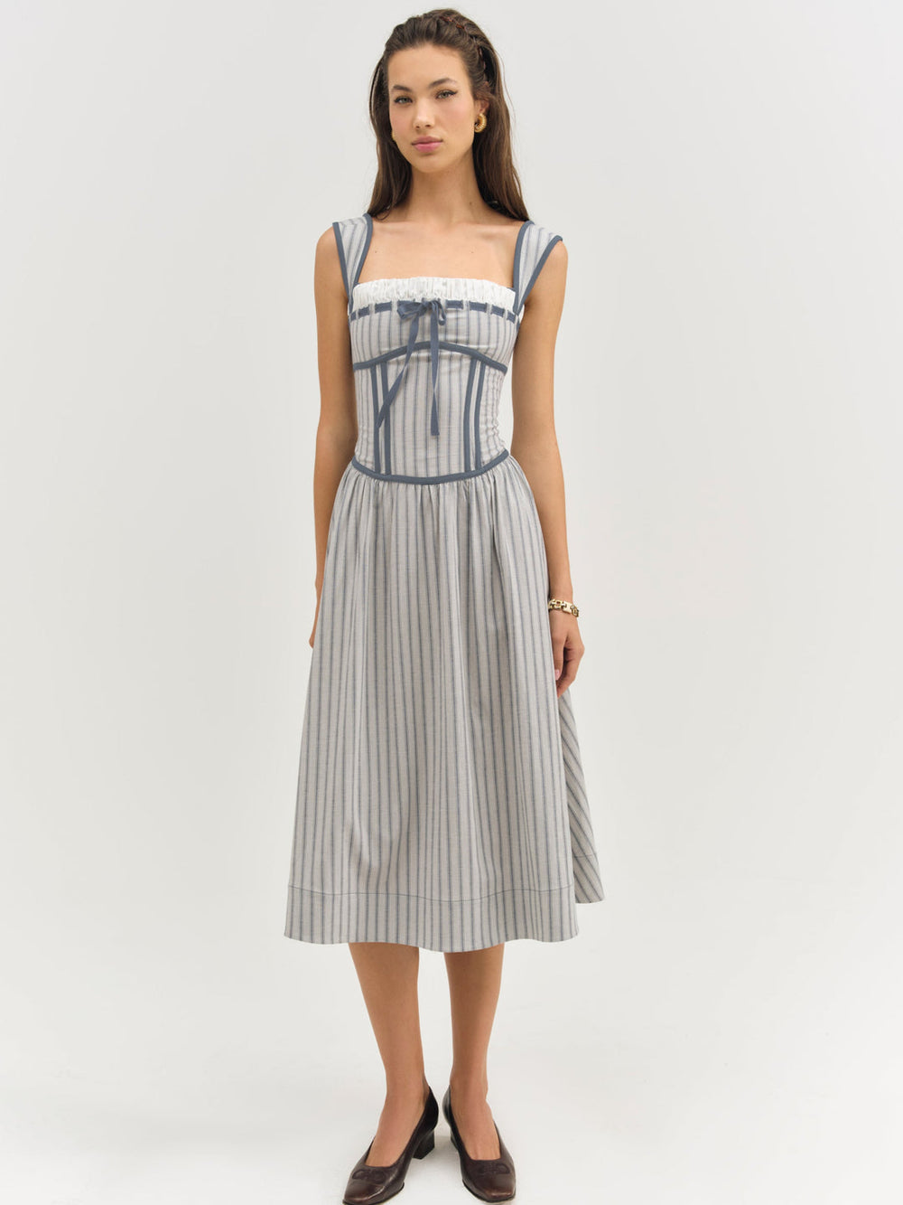 Linen Stripe Midi Dress Blue