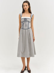Linen Stripe Midi Dress Blue
