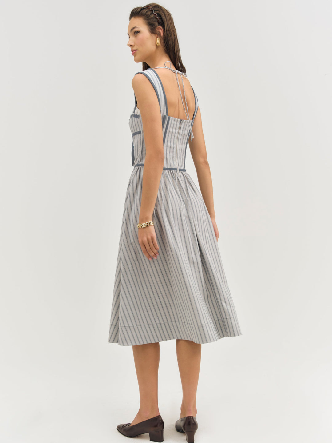 Linen Stripe Midi Dress Blue