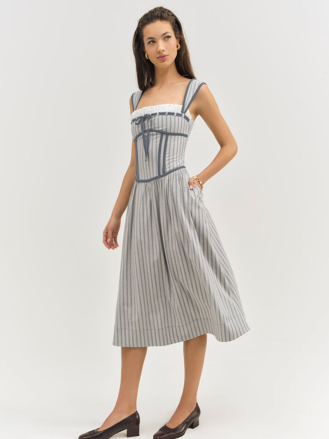 Linen Stripe Midi Dress Blue