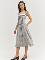 Linen Stripe Midi Dress Blue