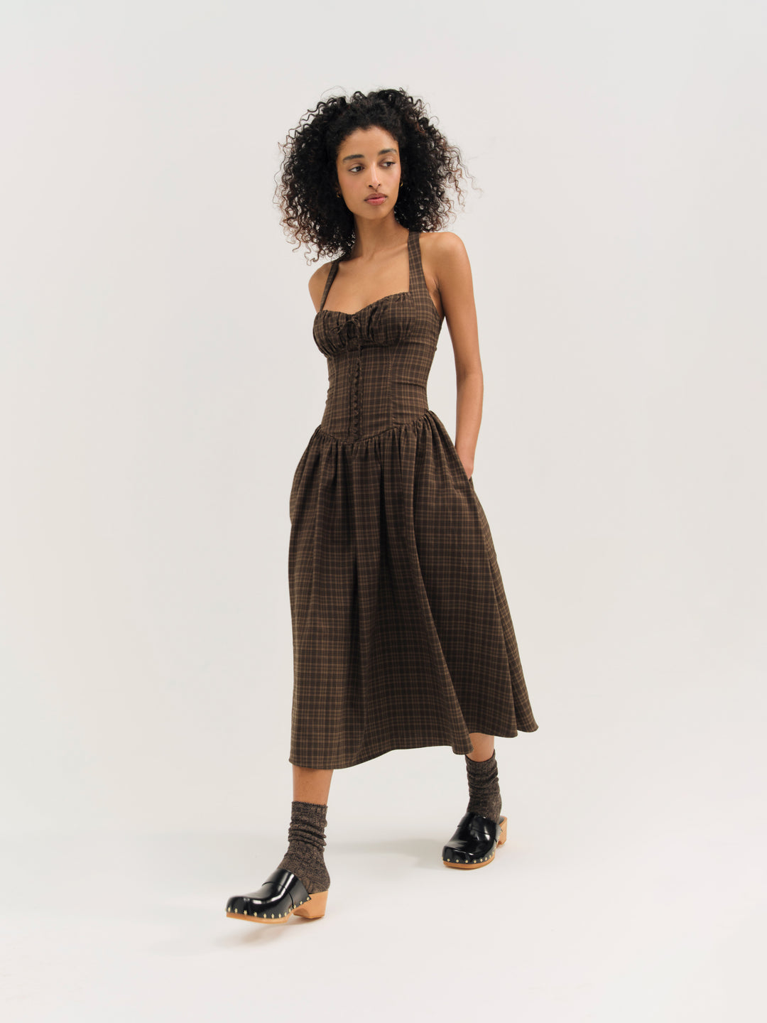 University Plaid Midi Dress Brown