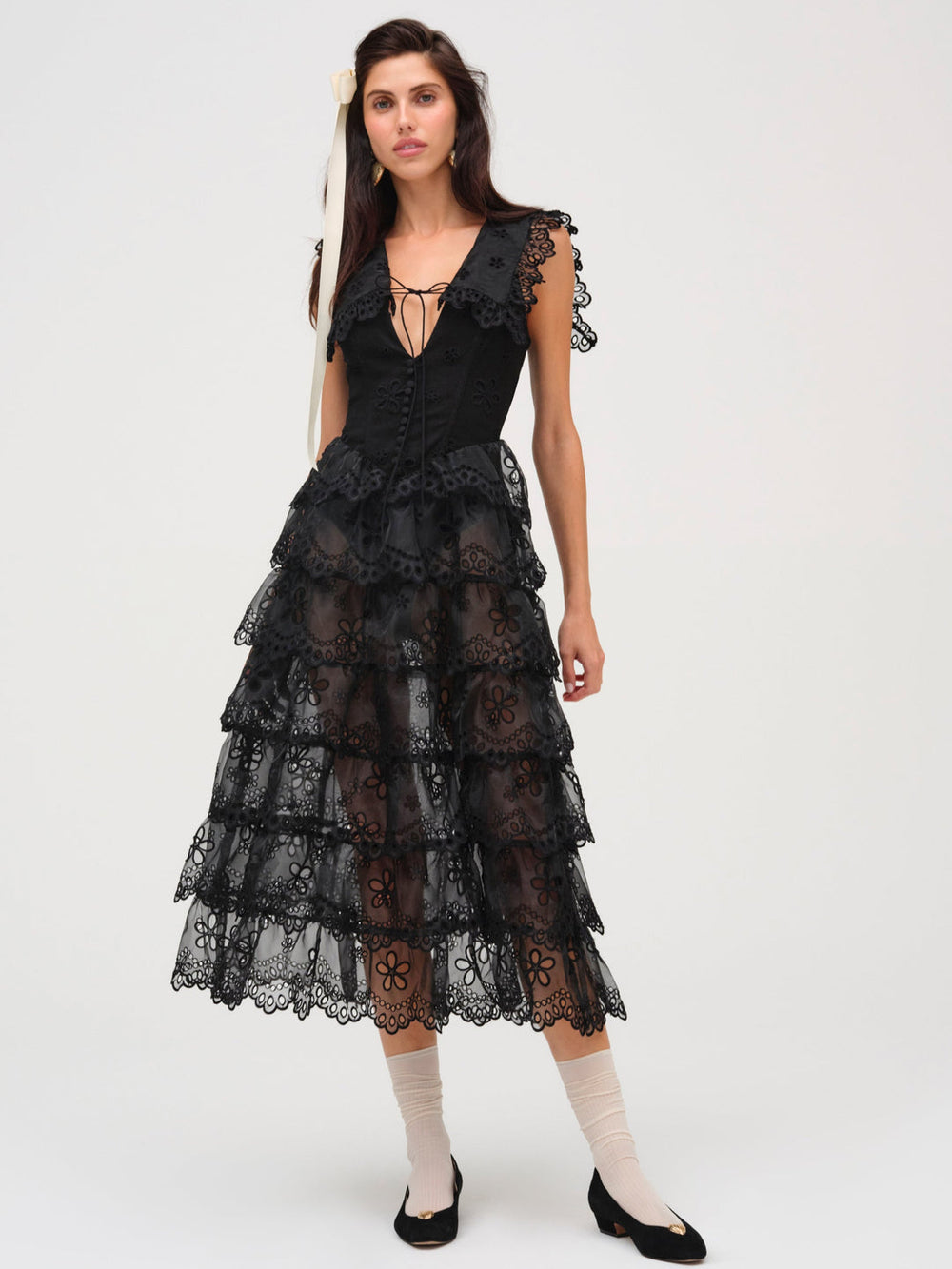 Daisy Eyelet Midi Dress Black